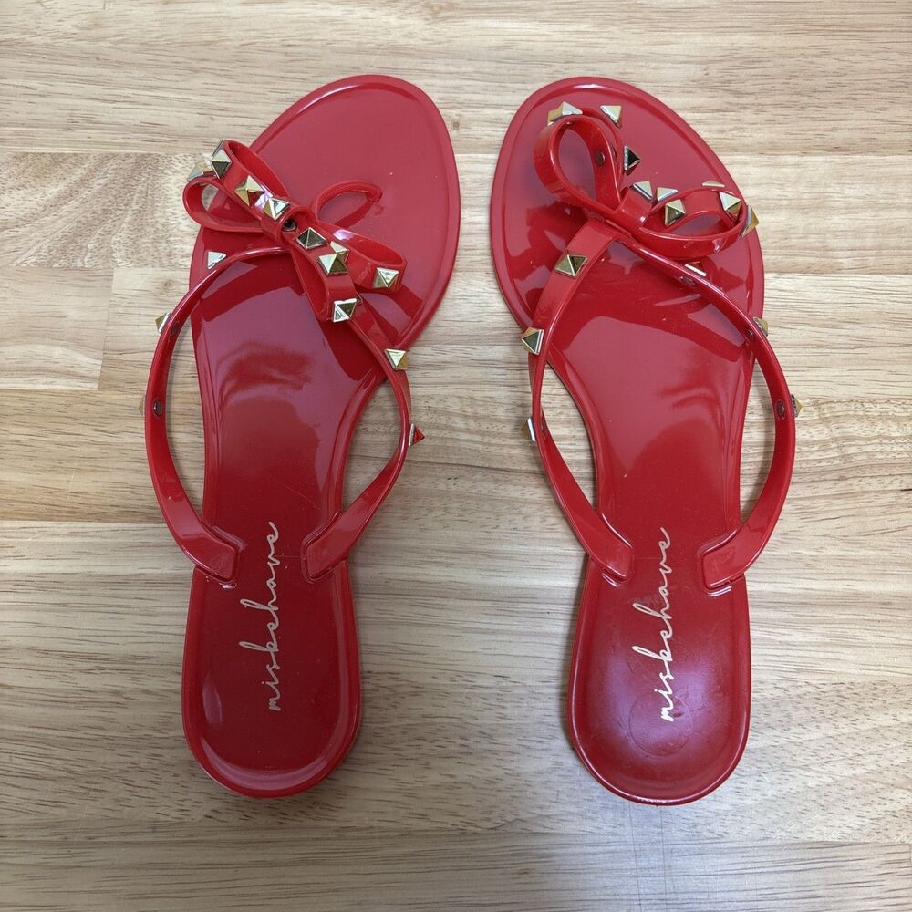 Misbehave Woman’s Size 8 Red Jelly Sandal Studded Gold Thong Flip Flop Slip On